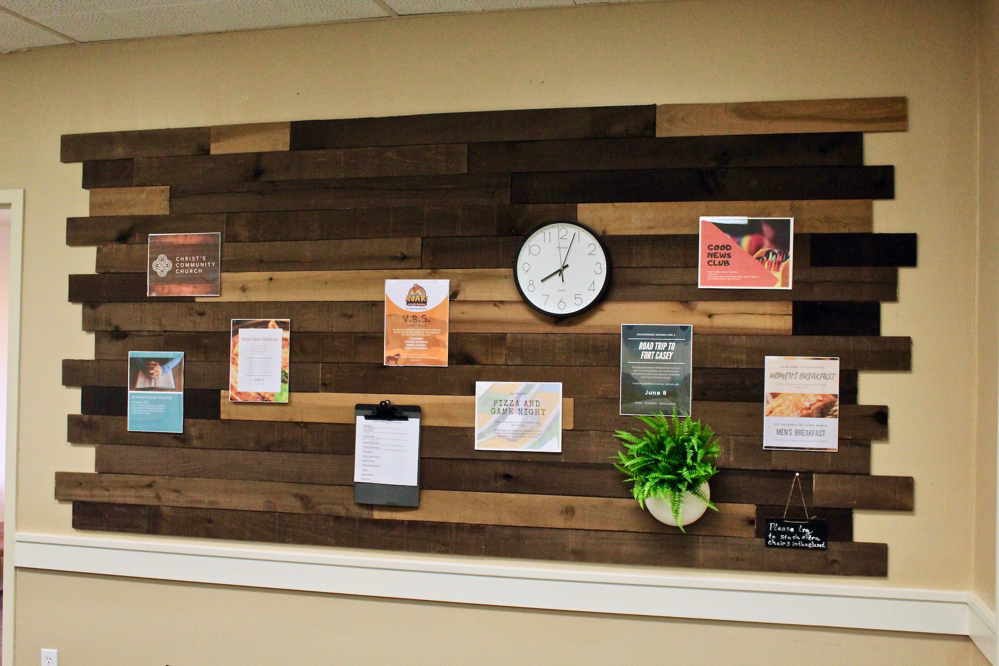 The event board in the Fellowship Hall